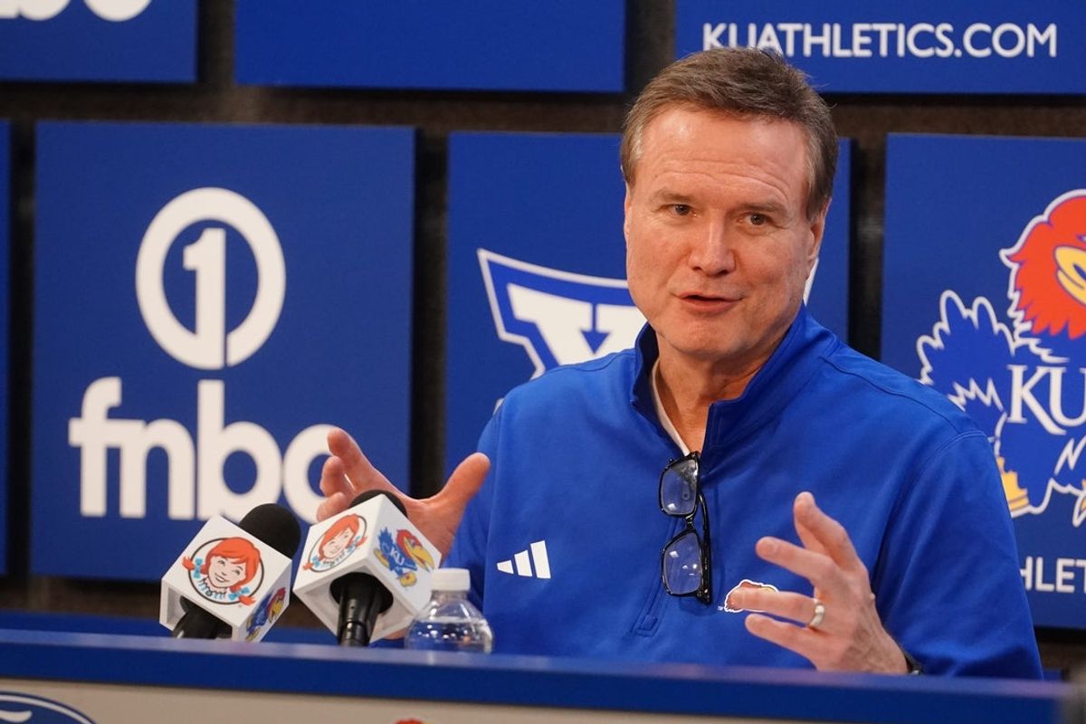 Kansas Jayhawks head coach Bill Self talks to media following the game against Houston Cougars inside Allen Fieldhouse on Monday, Feb. 23, 2026.