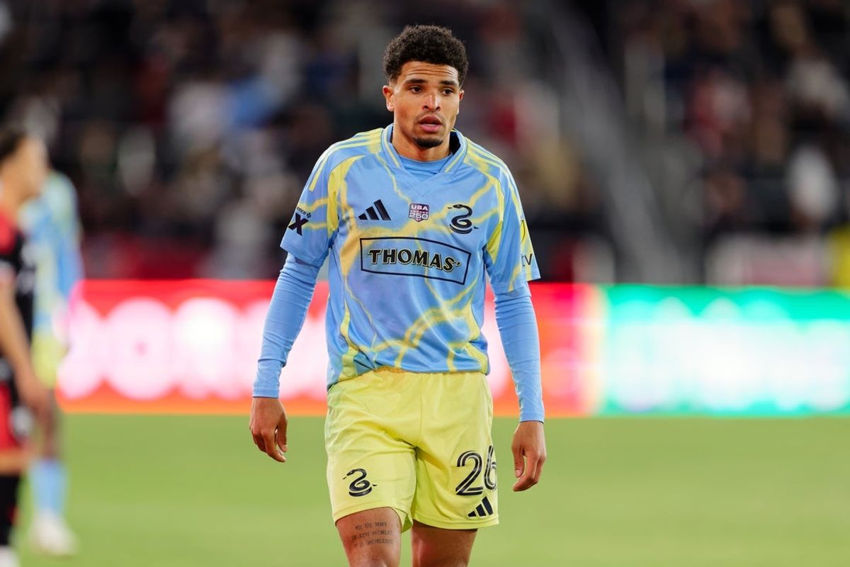 Feb 21, 2026; Washington, District of Columbia, USA;  Philadelphia Union defender Nathan Harriel (26) in action against DC United at Audi Field. Mandatory Credit: Jamie Sabau-Imagn Images