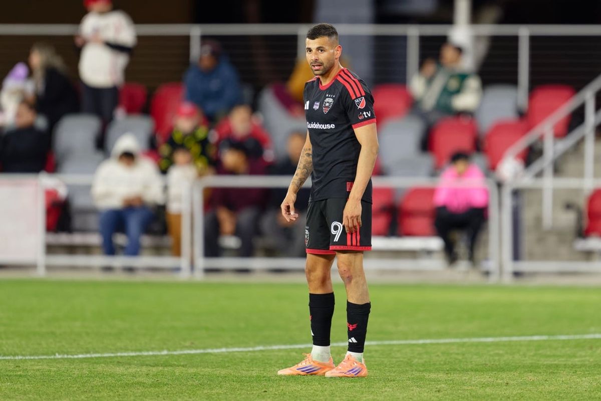 Feb 21, 2026; Washington, District of Columbia, USA;  DC United forward Tai Baribo (9) in action against the Philadelphia Union at Audi Field. Mandatory Credit: Jamie Sabau-Imagn Images