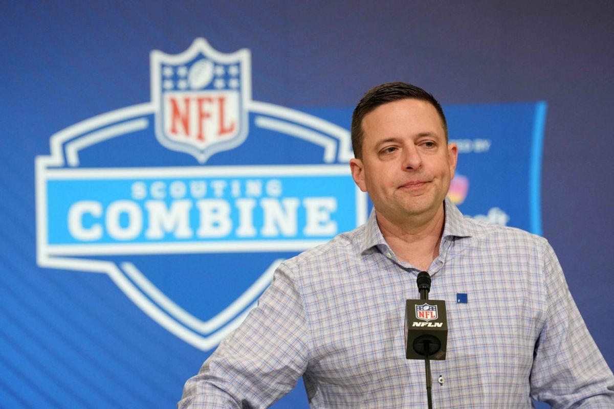 Feb 24, 2026; Indianapolis, IN, USA; New England Patriots general manager Eliot Wolf speaks at the NFL Scouting Combine at the Indiana Convention Center. Mandatory Credit: Kirby Lee-Imagn Images