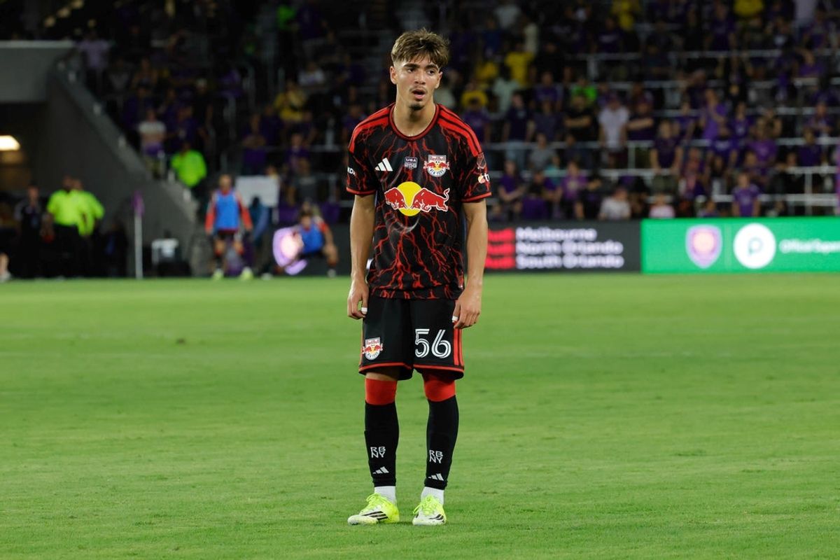 Feb 21, 2026; Orlando, Florida, USA;  New York Red Bulls Matthew Dos Santos (56) waits for the play to progress during the first half against Orlando City SC at Inter & Co Stadium.. Mandatory Credit: Reinhold Matay-Imagn Images