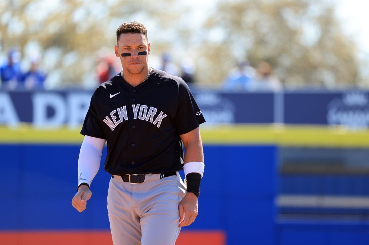 Feb 24, 2026; Dunedin, Florida, USA;  New York Yankees right fielder Aaron Judge (99) looks on against the Toronto Blue Jays during the second inning at TD Ballpark. Mandatory Credit: Kim Klement Neitzel-Imagn Images