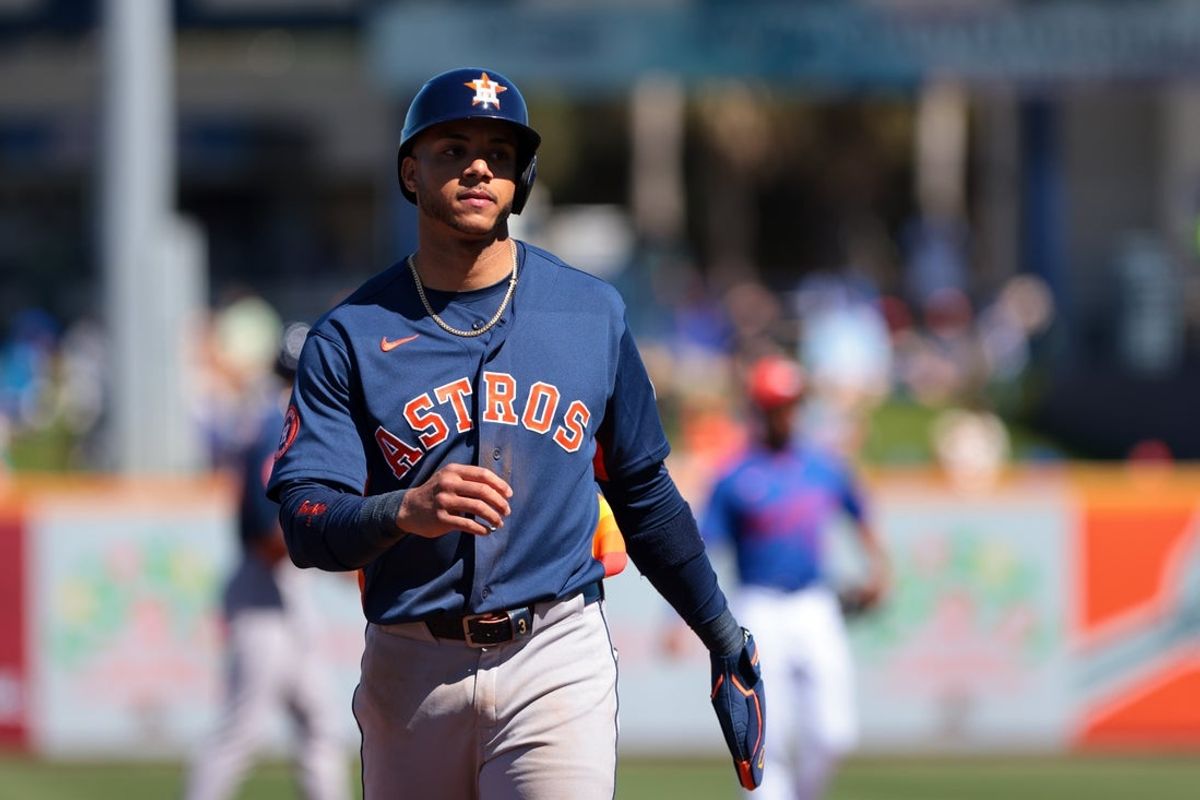 Feb 24, 2026; Port St. Lucie, Florida, USA; Houston Astros shortstop Jeremy Pena (3) looks on against the New York Mets during the first inning at Clover Park. Mandatory Credit: Sam Navarro-Imagn Images