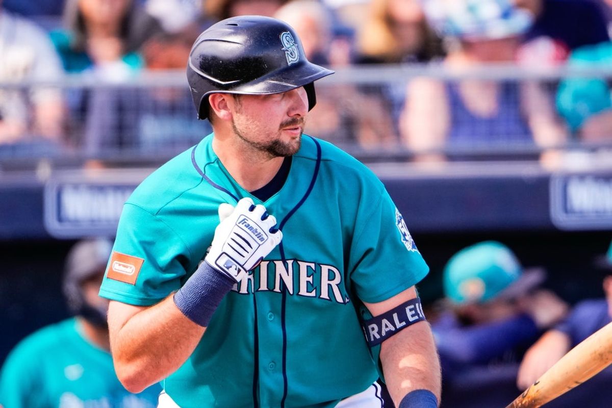 Feb 24, 2026; Peoria, Arizona, USA;  Seattle Mariners catcher Cal Raleigh (29) at bat during the first inning against the Chicago White Sox in Peoria, Arizona. Mandatory Credit: Arianna Grainey-Imagn Images
