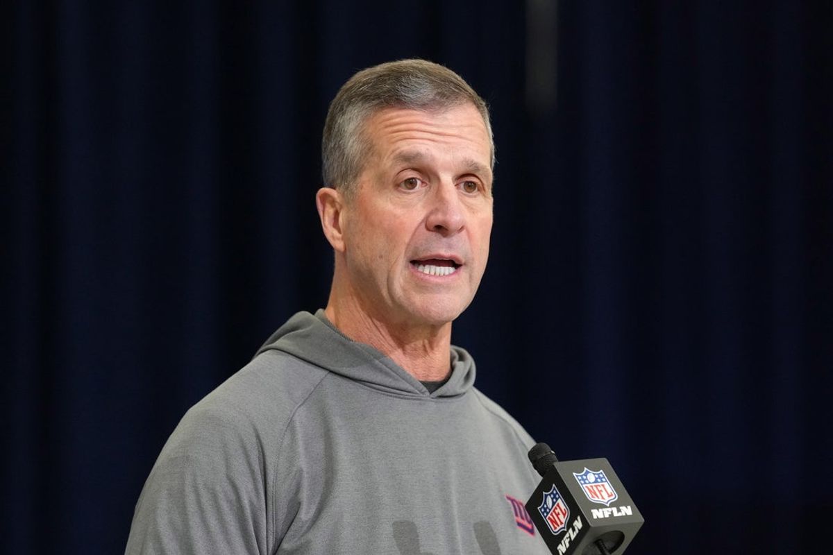 Feb 24, 2026; Indianapolis, IN, USA; New York Giants coach John Harbaugh speaks at the NFL Scouting Combine at the Indiana Convention Center. Mandatory Credit: Kirby Lee-Imagn Images