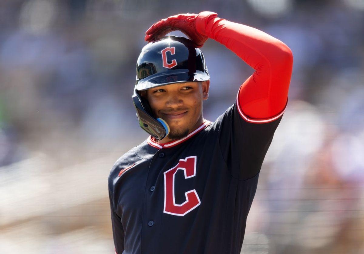 Feb 24, 2026; Phoenix, Arizona, USA; Cleveland Guardians shortstop Angel Genao against the Los Angeles Dodgers during a spring training game at Camelback Ranch-Glendale. Mandatory Credit: Mark J. Rebilas-Imagn Images