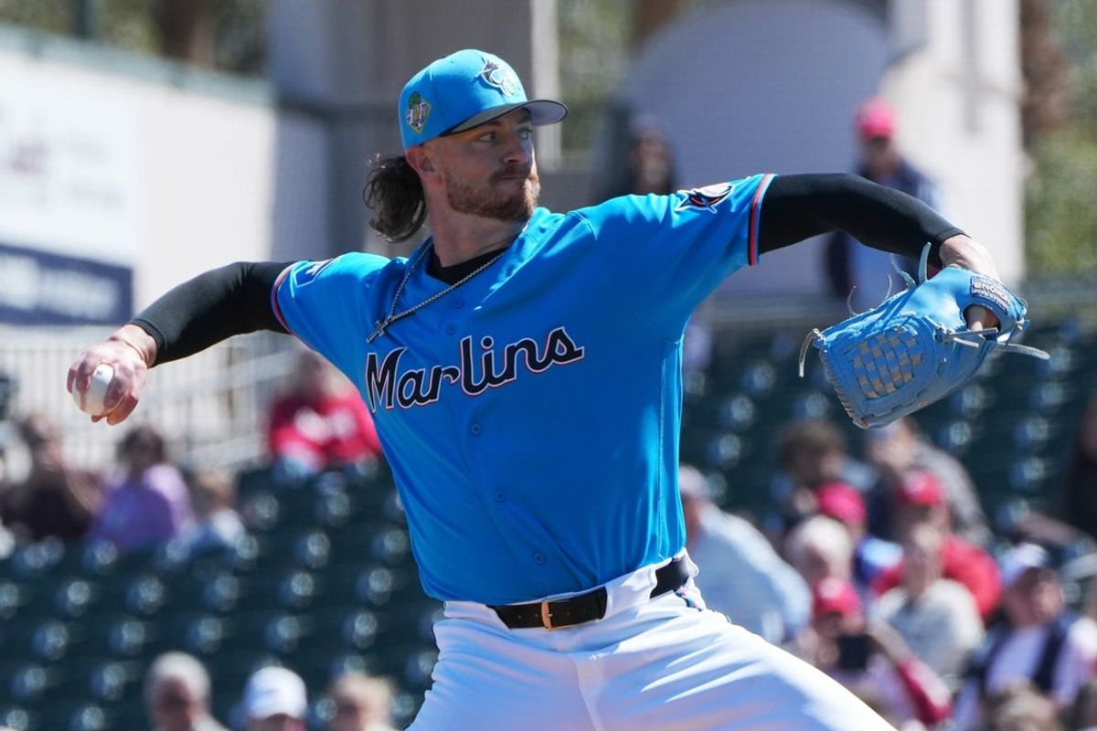 Feb 24, 2026; Jupiter, Florida, USA;  Miami Marlins pitcher Chris Paddack (33) pitches in the first inning against the Philadelphia Phillies at Roger Dean Chevrolet Stadium. Mandatory Credit: Jim Rassol-Imagn Images