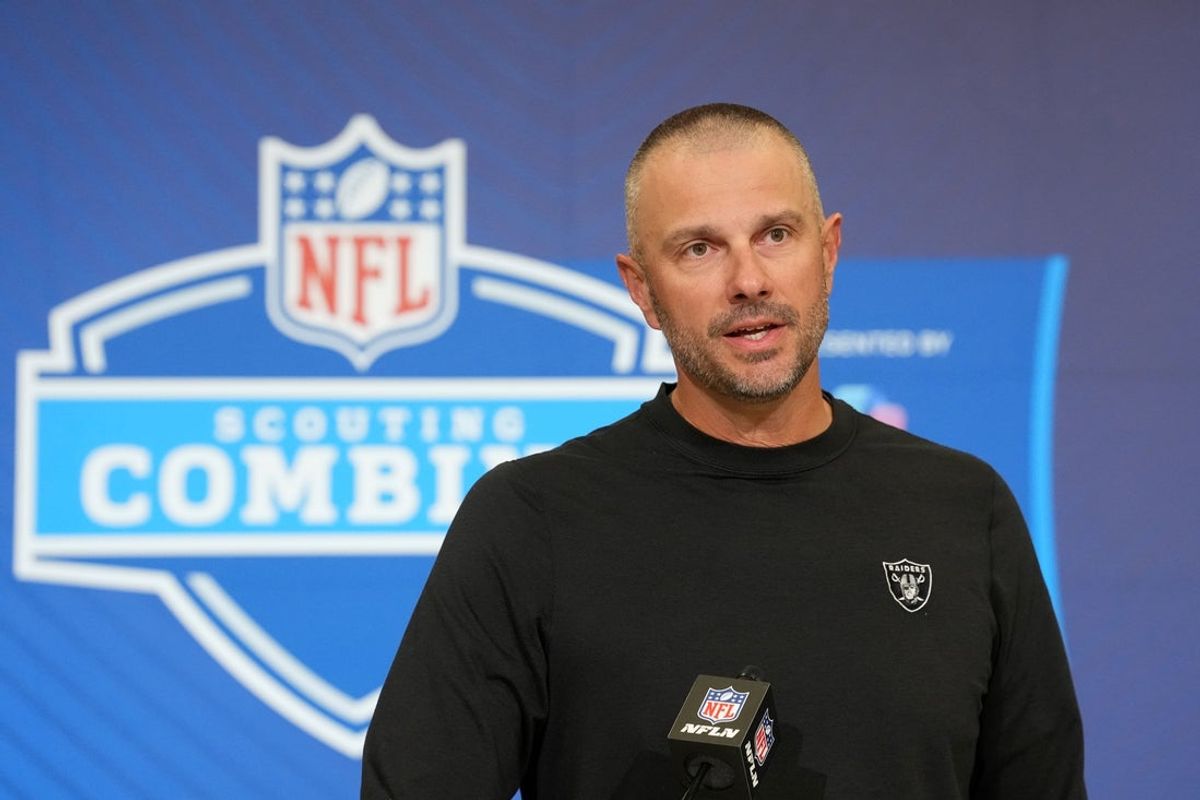 Feb 24, 2026; Indianapolis, IN, USA; Las Vegas Raiders general manager John Spytek speaks at the NFL Scouting Combine at the Indiana Convention Center. Mandatory Credit: Kirby Lee-Imagn Images