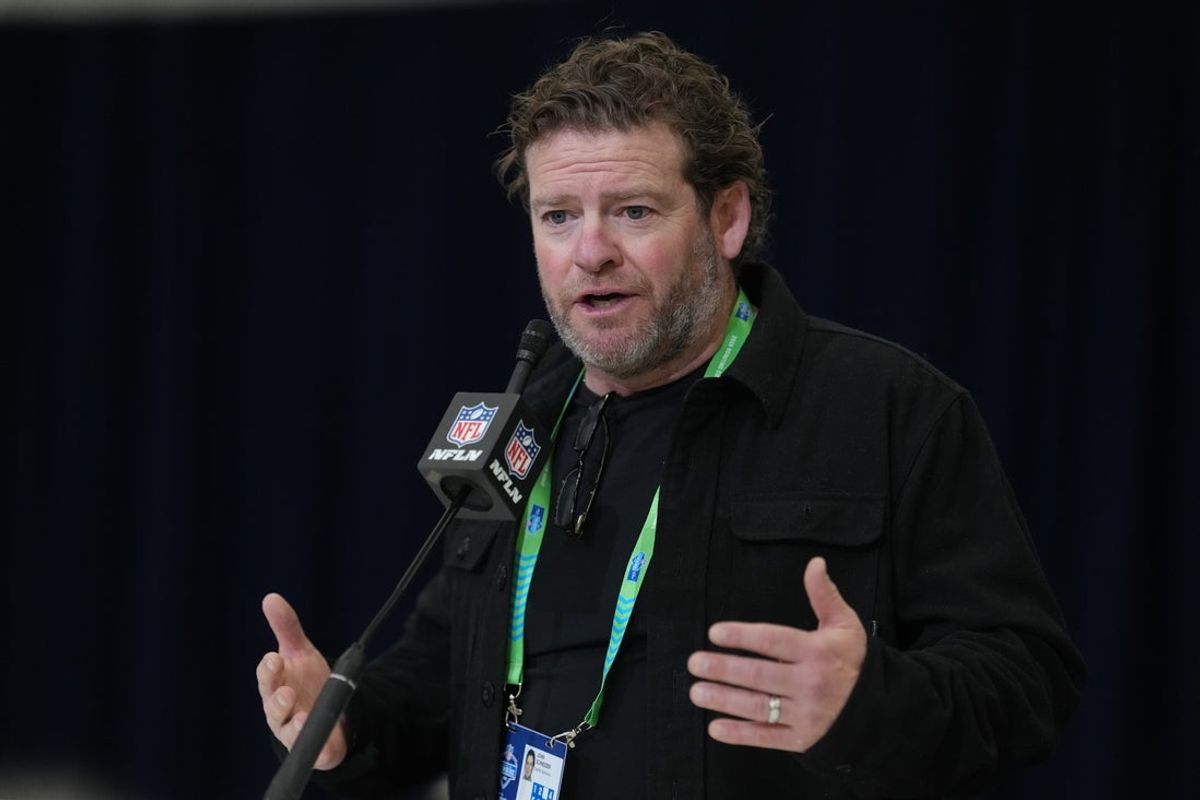 Feb 24, 2026; Indianapolis, IN, USA; Seattle Seahawks general manager John Schneider speaks at the NFL Scouting Combine at the Indiana Convention Center. Mandatory Credit: Kirby Lee-Imagn Images
