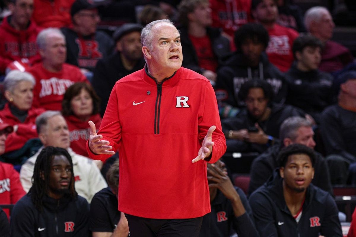 Feb 24, 2026; Piscataway, New Jersey, USA; Rutgers Scarlet Knights head coach Steve Pikiell reacts during the first half against the Washington Huskies at Jersey Mike's Arena. Mandatory Credit: Vincent Carchietta-Imagn Images
