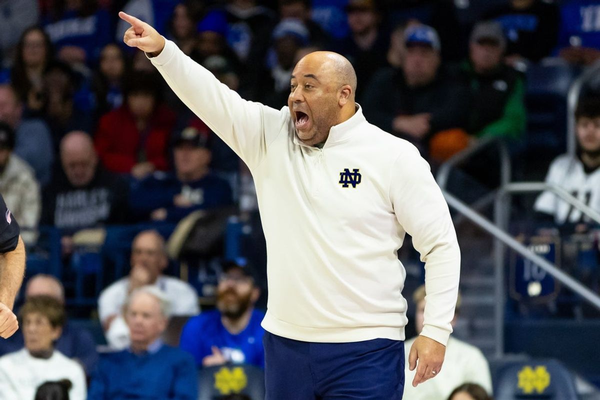 Feb 24, 2026; South Bend, Indiana, USA; Notre Dame Fighting Irish head coach Micah Shrewsberry calls a play against the Duke Blue Devils during the first half at Purcell Pavilion at the Joyce Center. Mandatory Credit: Michael Caterina-Imagn Images