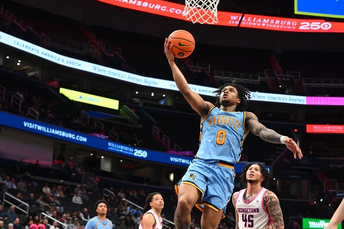 Feb 24, 2026; Washington, District of Columbia, USA; Marquette Golden Eagles guard Nigel James Jr. (0) shoots against the Georgetown Hoyas during the second half at Capital One Arena. Mandatory Credit: Brad Mills-Imagn Images
