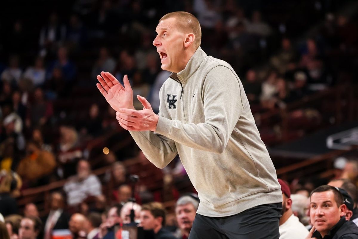 Feb 24, 2026; Columbia, South Carolina, USA; Kentucky Wildcats head coach Mark Pope directs his team against the South Carolina Gamecocks during the first half at Colonial Life Arena. Mandatory Credit: Jeff Blake-Imagn Images