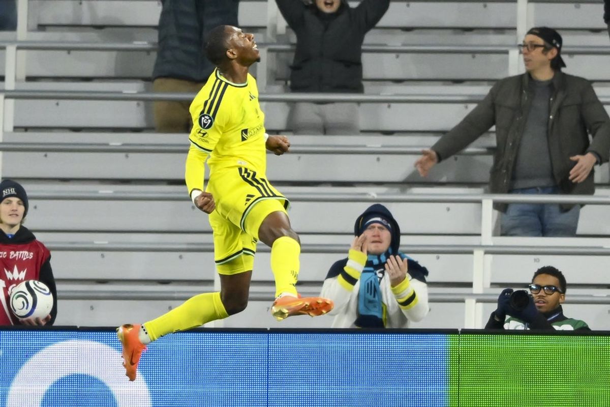 Feb 24, 2026; Nashville, Tennessee, USA;  Nashville SC defender defender Jordan Knight (23) celebrates his goal  against Ottawa during the first half at GEODIS Park. Mandatory Credit: Steve Roberts-Imagn Images