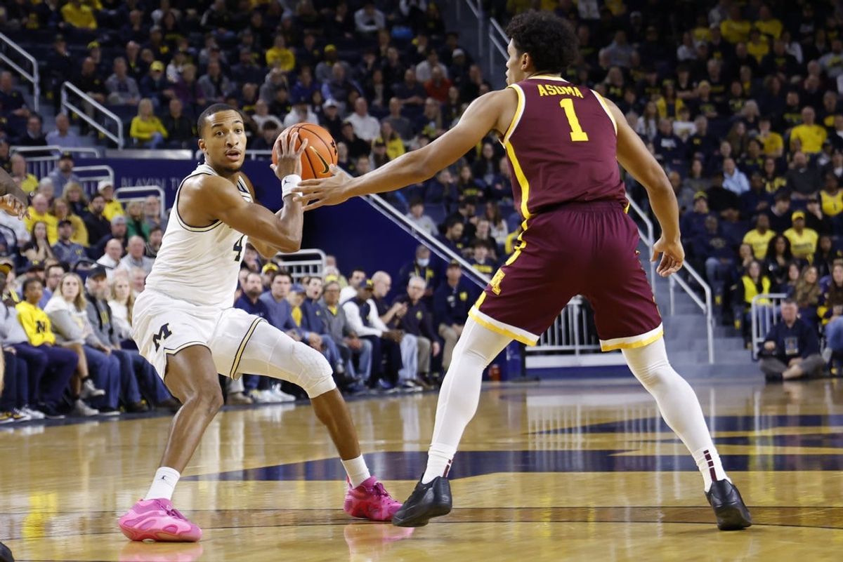 Feb 24, 2026; Ann Arbor, Michigan, USA; Michigan Wolverines guard Nimari Burnett (4) is defended by Minnesota Golden Gophers guard Isaac Asuma (1) in the first half at Crisler Center. Mandatory Credit: Rick Osentoski-Imagn Images