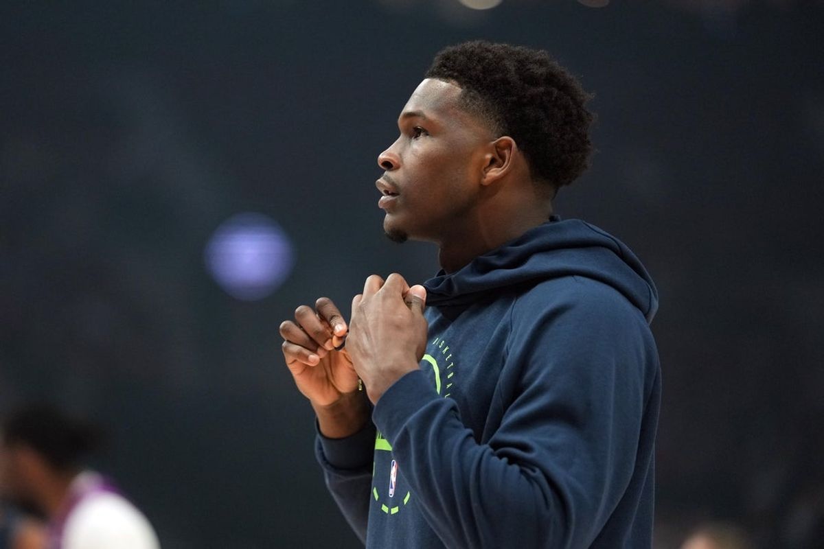 Feb 24, 2026; Portland, Oregon, USA; Minnesota Timberwolves guard Anthony Edwards (5) looks on during warmups before the game against the Portland Trail Blazers at Moda Center. Mandatory Credit: Soobum Im-Imagn Images