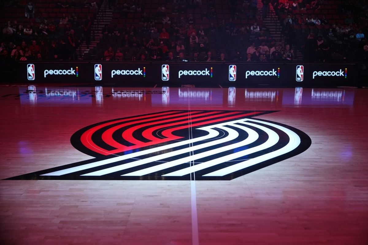 Feb 24, 2026; Portland, Oregon, USA; A general view of the Portland Trail Blazers logo at half court before the game against the Minnesota Timberwolves at Moda Center. Mandatory Credit: Soobum Im-Imagn Images