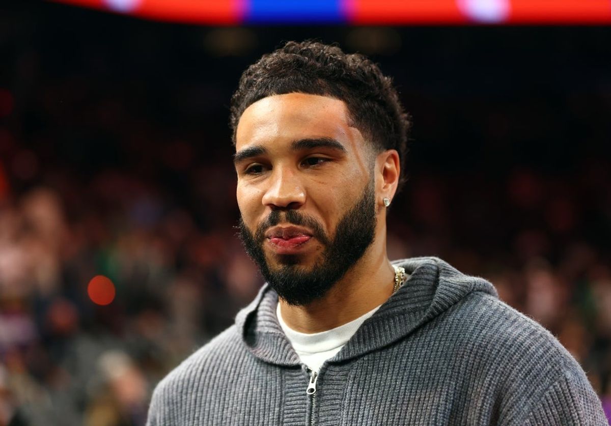 Feb 24, 2026; Phoenix, Arizona, USA; Boston Celtics injured forward Jayson Tatum against the Phoenix Suns in the first half at Mortgage Matchup Center. Mandatory Credit: Mark J. Rebilas-Imagn Images