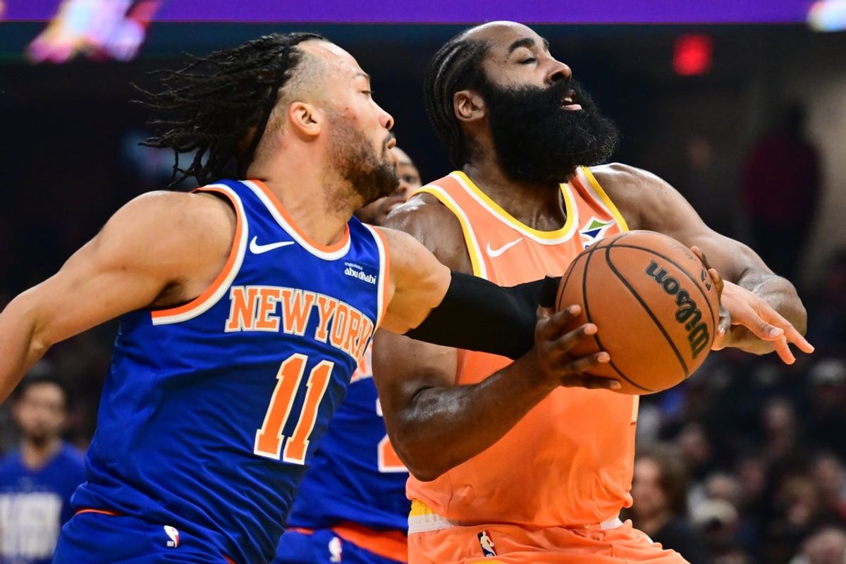 Feb 24, 2026; Cleveland, Ohio, USA; Cleveland Cavaliers guard James Harden (1) drives to the basket against New York Knicks guard Jalen Brunson (11) during the second half at Rocket Arena. Mandatory Credit: Ken Blaze-Imagn Images