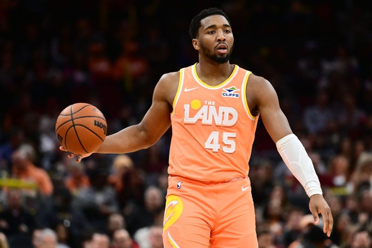 Feb 24, 2026; Cleveland, Ohio, USA; Cleveland Cavaliers guard Donovan Mitchell (45) brings the ball up court during the second half against the New York Knicks at Rocket Arena. Mandatory Credit: Ken Blaze-Imagn Images