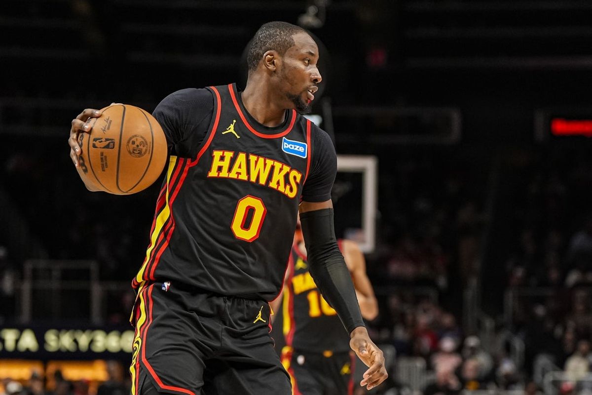 Feb 24, 2026; Atlanta, Georgia, USA; Atlanta Hawks forward Jonathan Kuminga (0) controls the ball against the Washington Wizards during the second half at State Farm Arena. Mandatory Credit: Dale Zanine-Imagn Images