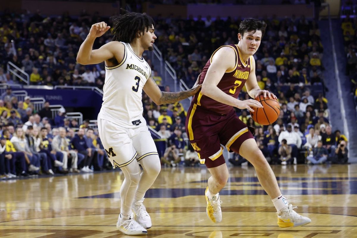 Feb 24, 2026; Ann Arbor, Michigan, USA; Minnesota Golden Gophers forward Bobby Durkin (3) dribbles against Michigan Wolverines guard Elliot Cadeau (3) in the second half at Crisler Center. Mandatory Credit: Rick Osentoski-Imagn Images