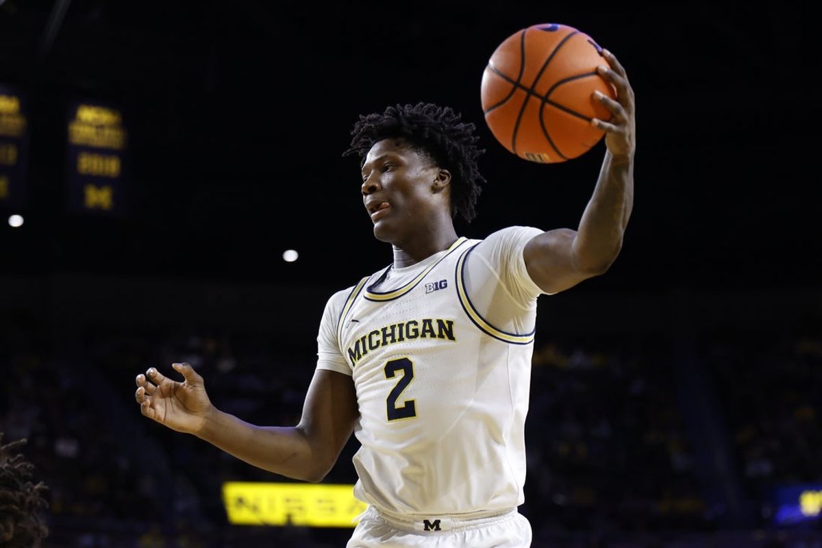 Feb 24, 2026; Ann Arbor, Michigan, USA; Michigan Wolverines guard L.J. Cason (2) grabs a rebound in the second half against the Minnesota Golden Gophers at Crisler Center. Mandatory Credit: Rick Osentoski-Imagn Images