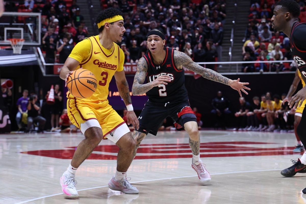 Feb 24, 2026; Salt Lake City, Utah, USA; Iowa State Cyclones guard Tamin Lipsey (3) looks for the play against Utah Utes guard Terrence Brown (2) during the first half at Jon M. Huntsman Center. Mandatory Credit: Rob Gray-Imagn Images