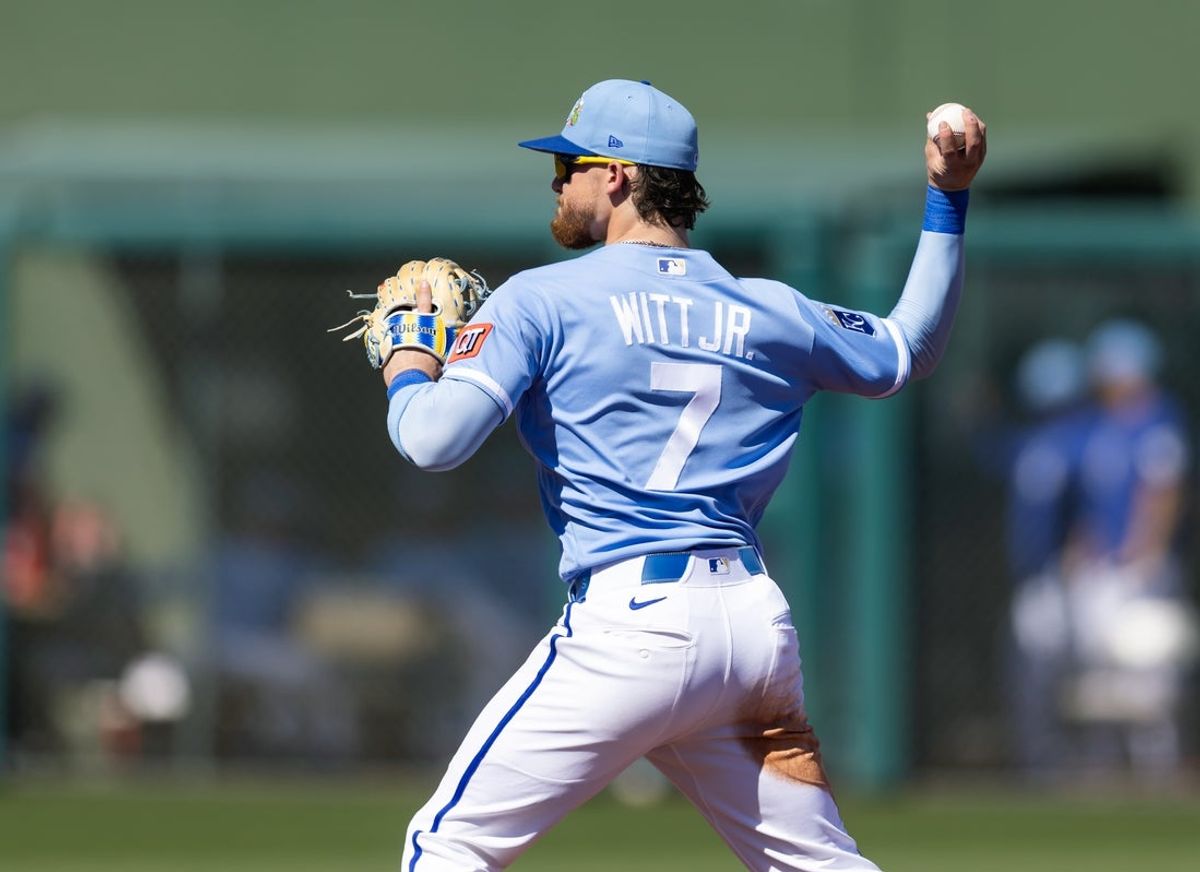 Feb 25, 2026; Surprise, Arizona, USA; Detailed view of the jersey of Kansas City Royals shortstop Bobby Witt Jr. (7) against the Seattle Mariners during a spring training game at Surprise Stadium. Mandatory Credit: Mark J. Rebilas-Imagn Images