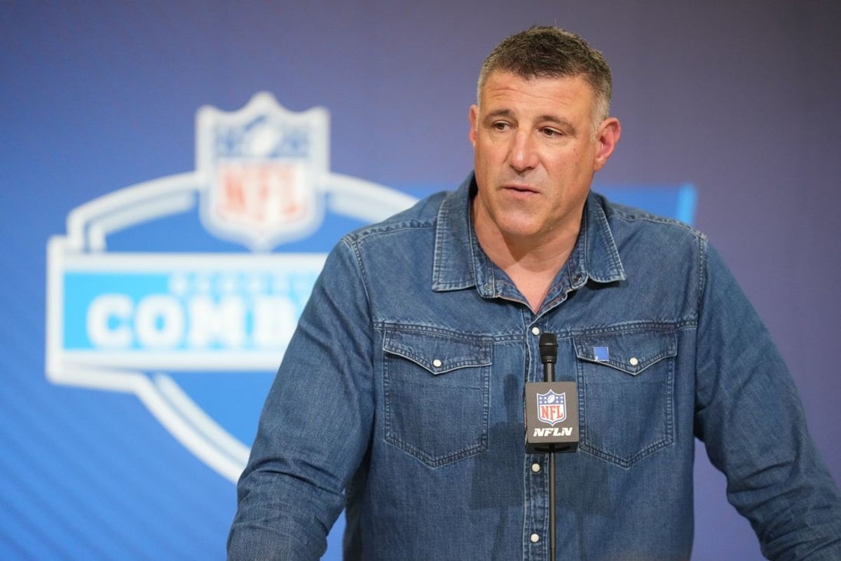 Feb 25, 2026; Indianapolis, IN, USA; New England Patriots coach Mike Vrabel speaks during the NFL Scouting Combine at the Indiana Convention Center. Mandatory Credit: Kirby Lee-Imagn Images