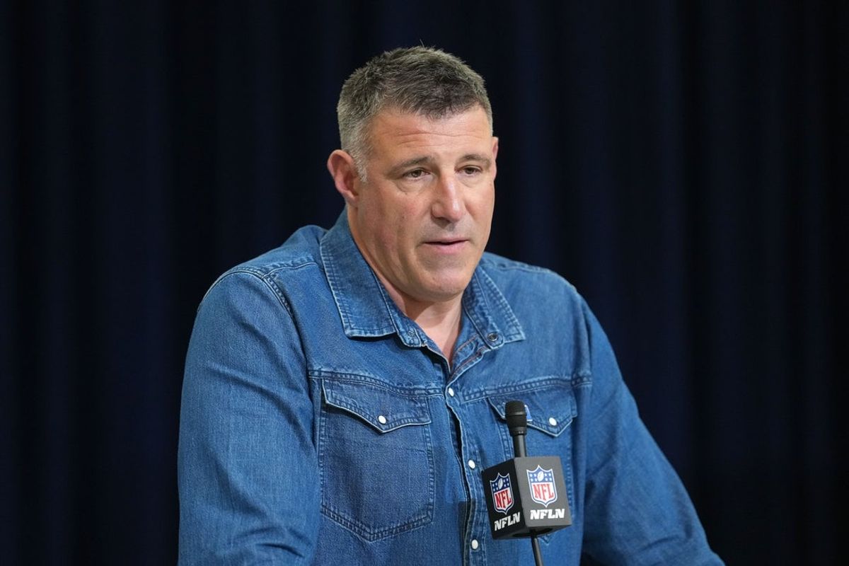 Feb 25, 2026; Indianapolis, IN, USA; New England Patriots coach Mike Vrabel speaks during the NFL Scouting Combine at the Indiana Convention Center. Mandatory Credit: Kirby Lee-Imagn Images