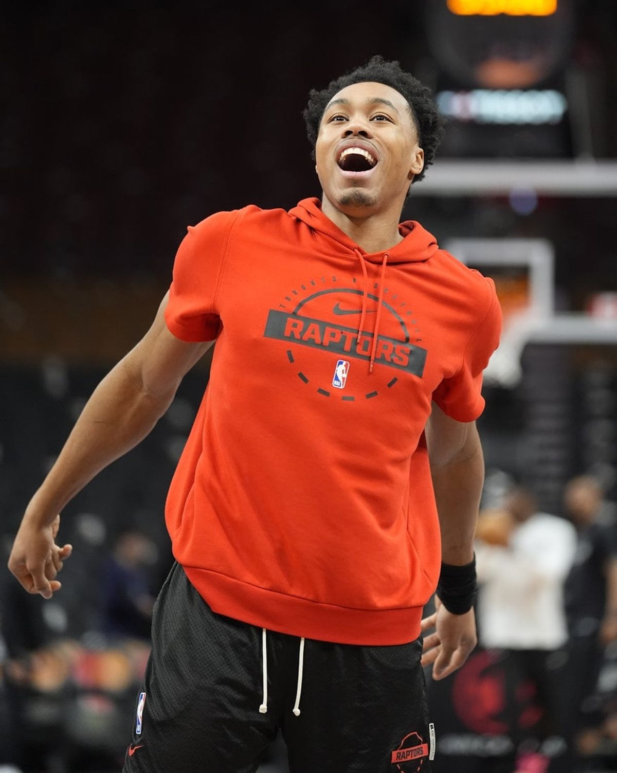 Feb 25, 2026; Toronto, Ontario, CAN; Toronto Raptors guard Scottie Barnes (4) smiles during warm up before a game against the San Antonio Spurs at Scotiabank Arena. Mandatory Credit: John E. Sokolowski-Imagn Images