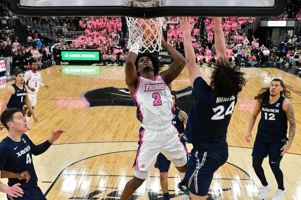 Feb 25, 2026; Providence, Rhode Island, USA; Providence Friars guard Jaylin Sellers (2) shoots against Xavier Musketeers forward Jovan Milicevic (24) during the first half at Amica Mutual Pavilion. Mandatory Credit: Eric Canha-Imagn Images
