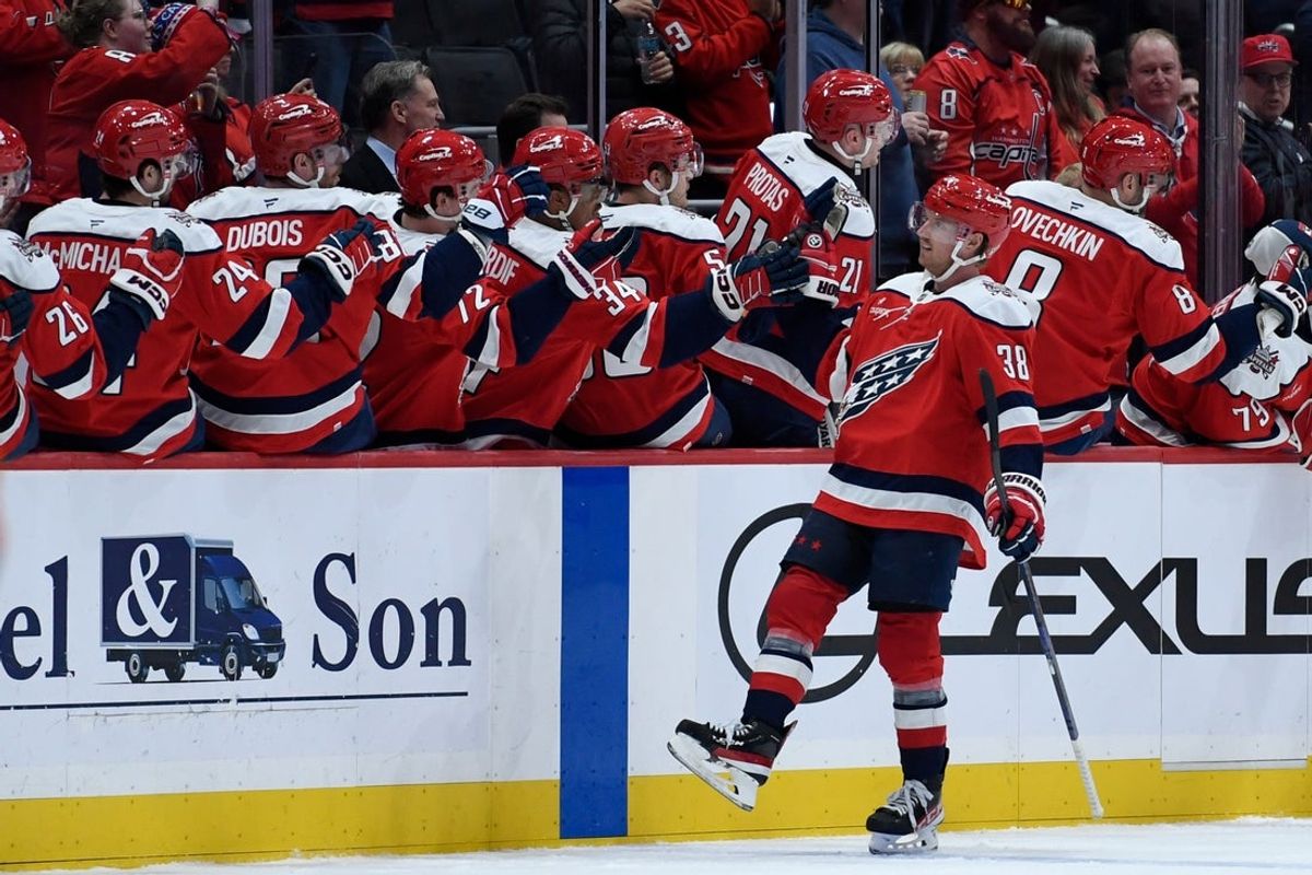 Feb 25, 2026; Washington, District of Columbia, USA; Washington Capitals defenseman Rasmus Sandin (38) celebrates after scoring a goal against the Philadelphia Flyers during the second period at Capital One Arena. Mandatory Credit: Hannah Foslien-Imagn Images