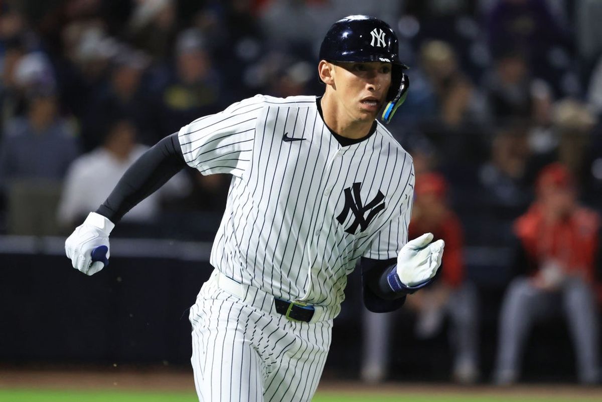 Feb 25, 2026; Tampa, Florida, USA; New York Yankees infielder George Lombard Jr (96) hits a two-RBI double during the fifth inning against the Washington Nationals at George M. Steinbrenner Field. Mandatory Credit: Kim Klement Neitzel-Imagn Images