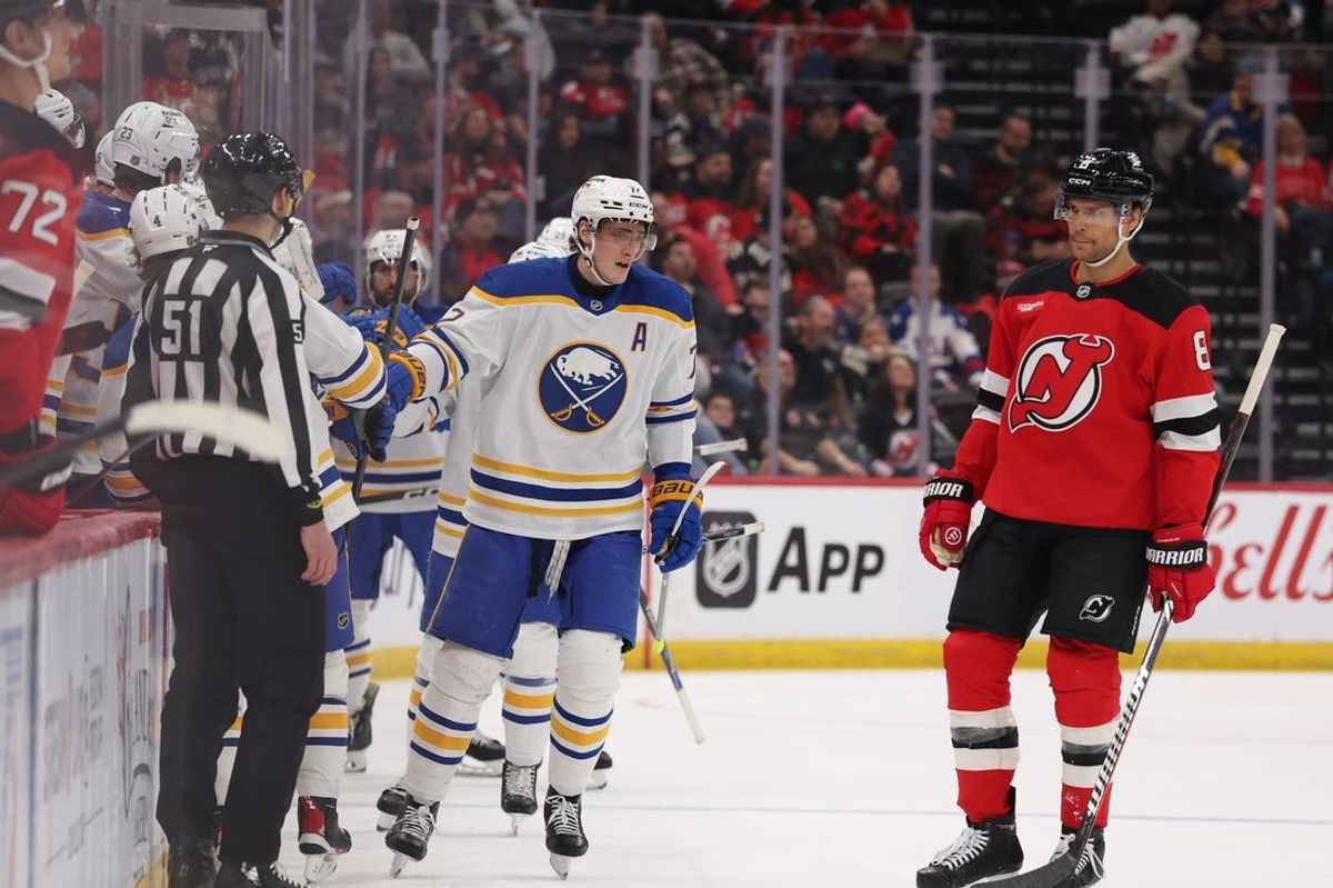 Feb 25, 2026; Newark, New Jersey, USA; Buffalo Sabres center Tage Thompson (72) celebrates his goal against the New Jersey Devils during the second period at Prudential Center. Mandatory Credit: Ed Mulholland-Imagn Images