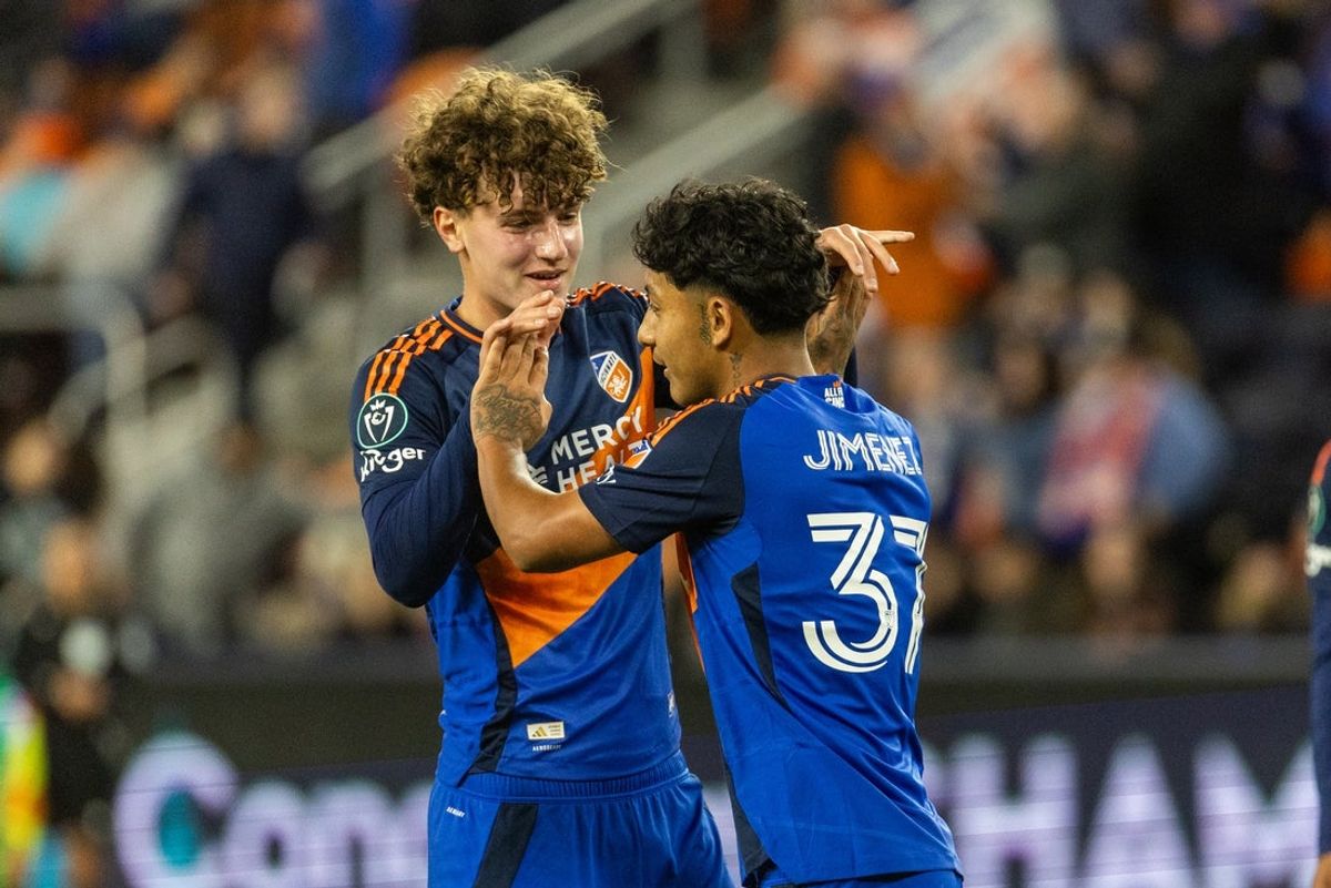 Feb 25, 2026; Cincinnati, Ohio, USA; FC Cincinnati midfielder Stiven Jimenez (37) celebrates his goal with  midfielder Stefan Chirila (19)  in the second half against O&M FC at TQL Stadium. Mandatory Credit: Trevor Ruszkowski-Imagn Images