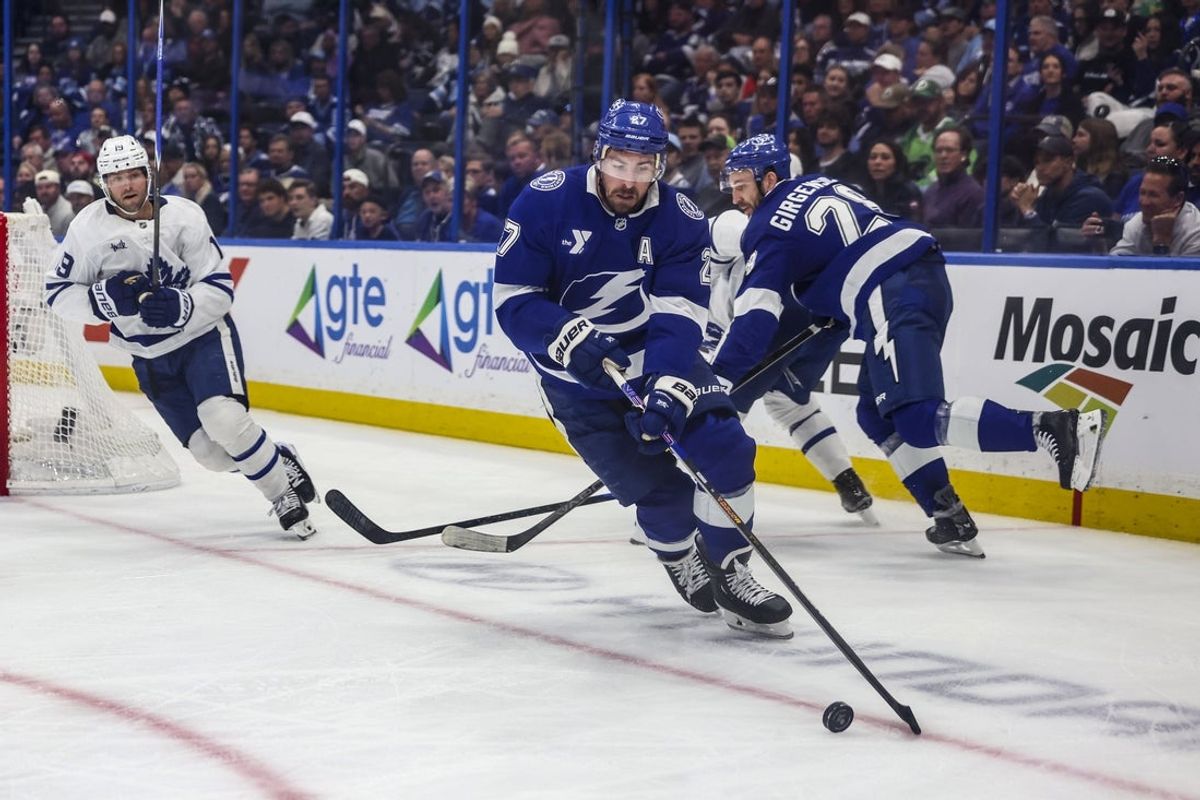 Feb 25, 2026; Tampa, Florida, USA; Tampa Bay Lightning defenseman Ryan McDonagh (27) handles the puck against the Toronto Maple Leafs during the second period  at Benchmark International Arena. Mandatory Credit: Morgan Tencza-Imagn Images