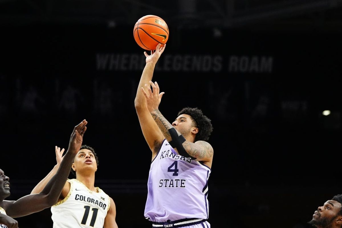Feb 25, 2026; Boulder, Colorado, USA; Kansas State Wildcats guard PJ Haggerty (4) shoots the ball in the first half  against the Colorado Buffaloes at the CU Events Center. Mandatory Credit: Ron Chenoy-Imagn Images