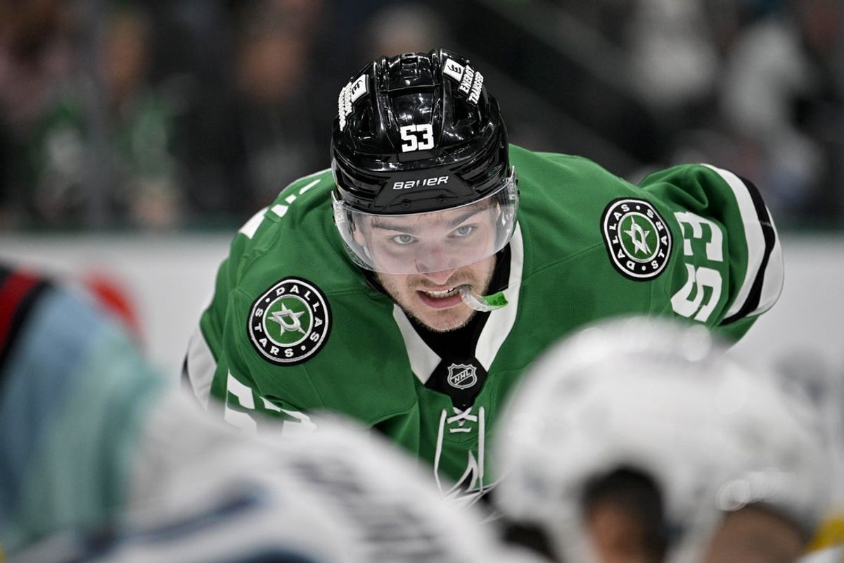Feb 25, 2026; Dallas, Texas, USA;  Dallas Stars center Wyatt Johnston (53) looks on during the second period against the Seattle Kraken at the American Airlines Center. Mandatory Credit: Jerome Miron-Imagn Images