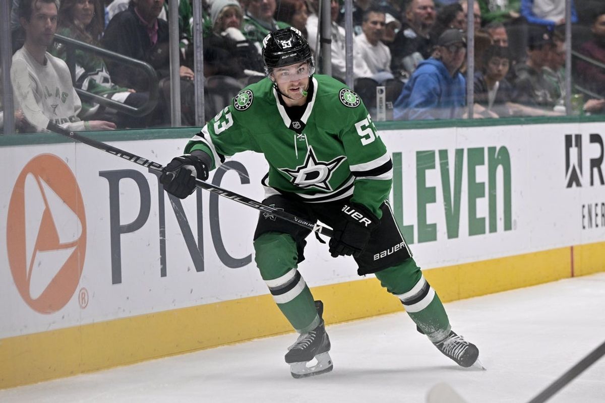 Feb 25, 2026; Dallas, Texas, USA;  Dallas Stars center Wyatt Johnston (53) skates against the Seattle Kraken during the second period at the American Airlines Center. Mandatory Credit: Jerome Miron-Imagn Images