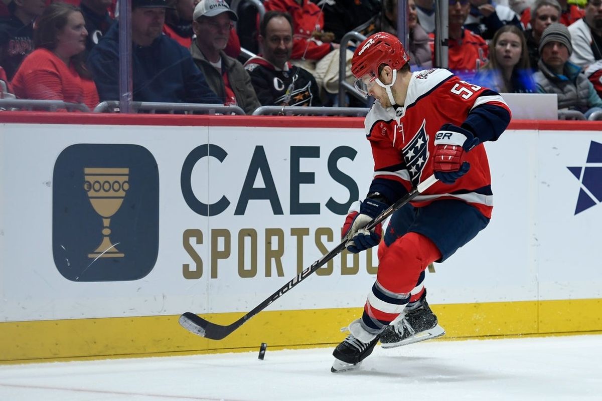 Feb 25, 2026; Washington, District of Columbia, USA; Washington Capitals center Ethen Frank (53) controls the puck against the Philadelphia Flyers during the first period at Capital One Arena. Mandatory Credit: Hannah Foslien-Imagn Images