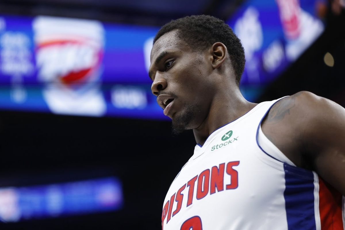 Feb 25, 2026; Detroit, Michigan, USA;  Detroit Pistons center Jalen Duren (0) looks on in the second half against the Oklahoma City Thunder at Little Caesars Arena. Mandatory Credit: Rick Osentoski-Imagn Images