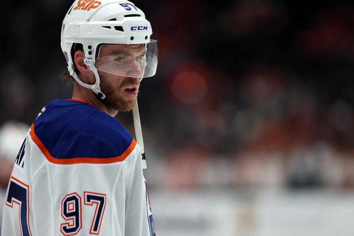 Feb 25, 2026; Anaheim, California, USA;  Edmonton Oilers center Connor McDavid (97) warms up before the game against the Anaheim Ducks at Honda Center. Mandatory Credit: Kiyoshi Mio-Imagn Images