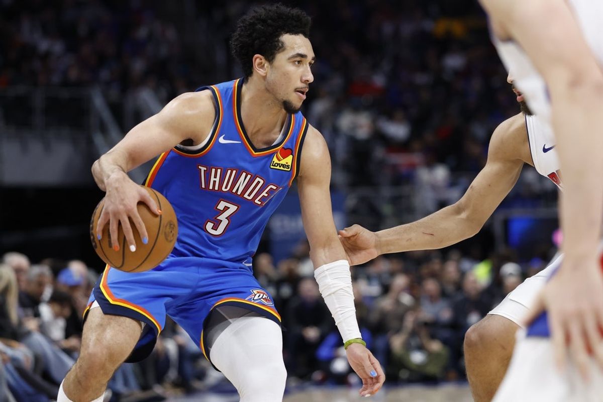 Feb 25, 2026; Detroit, Michigan, USA;  Oklahoma City Thunder guard Jared McCain (3) dribbles in the second half against the Detroit Pistons at Little Caesars Arena. Mandatory Credit: Rick Osentoski-Imagn Images