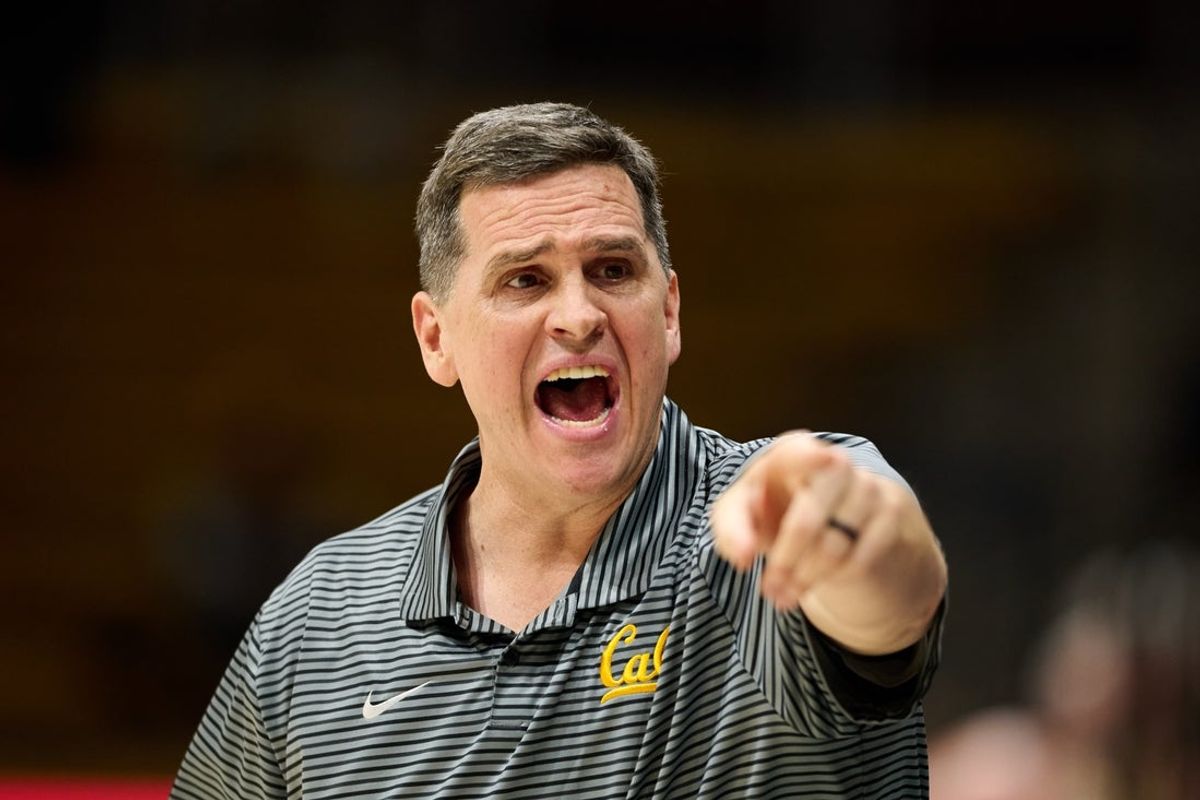 Feb 25, 2026; Berkeley, California, USA; California Golden Bears head coach Mark Madsen reacts against the SMU Mustangs during the first half at Haas Pavilion. Mandatory Credit: Robert Edwards-Imagn Images