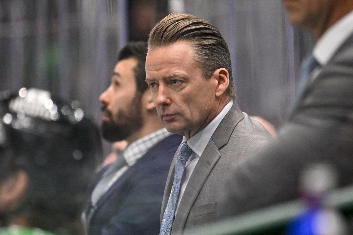 Feb 25, 2026; Dallas, Texas, USA;  Dallas Stars head coach Glen Gulutzan looks on during the third period against the Seattle Kraken at the American Airlines Center. Mandatory Credit: Jerome Miron-Imagn Images