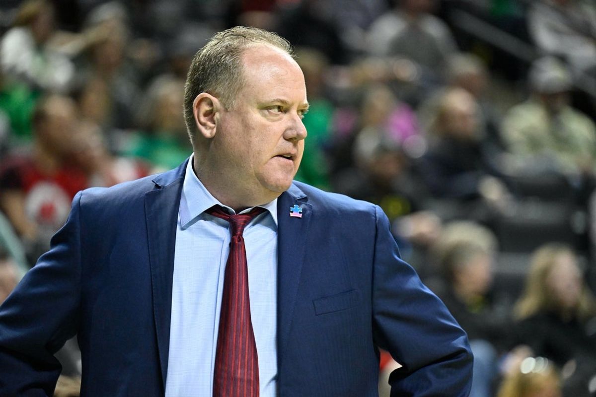 Feb 25, 2026; Eugene, Oregon, USA; Wisconsin Badgers head coach Greg Gard watches the action during the first half against the Oregon Ducks at Matthew Knight Arena. Mandatory Credit: Craig Strobeck-Imagn Images