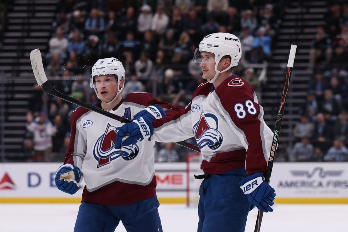 Feb 25, 2026; Salt Lake City, Utah, USA; Colorado Avalanche center Martin Necas (88) celebrates scoring a goal against the Utah Mammoth with defenseman Cale Makar (8) during the second period at Delta Center. Mandatory Credit: Rob Gray-Imagn Images