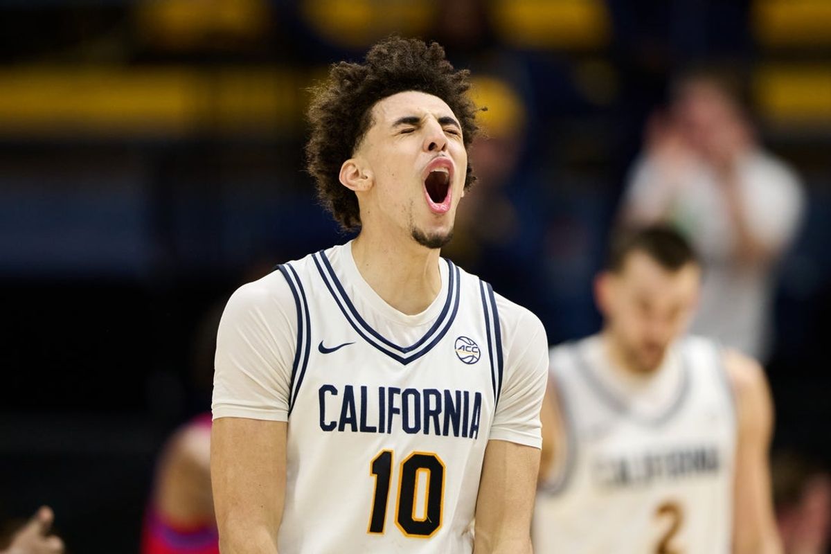 Feb 25, 2026; Berkeley, California, USA; California Golden Bears guard Justin Pippen (10) reacts against the SMU Mustangs during the second half at Haas Pavilion. Mandatory Credit: Robert Edwards-Imagn Images